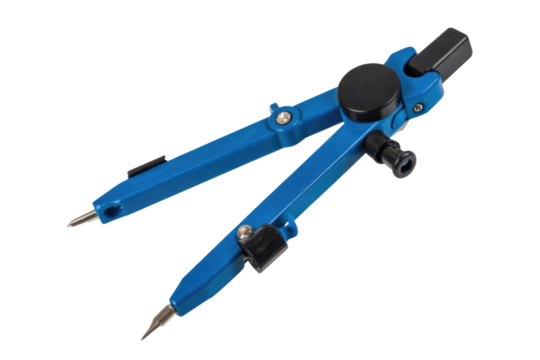 A blue plastic compass with sharp points, isolated on a transparent background. background removed