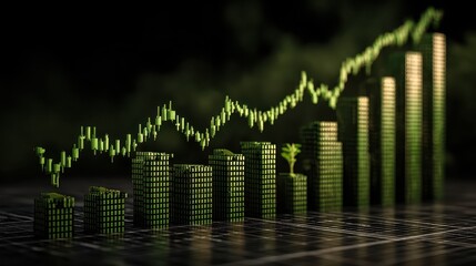 Renewable energy growth over city skyline with wind turbines and a green graph depicting global economic growth and financial investment