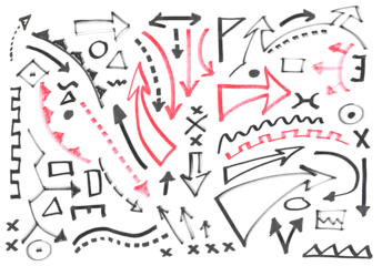 Military map symbols, hand draw army tactical plan, professional graph template stencil with military marking signs, black and red marker isolated on white background, clipping path