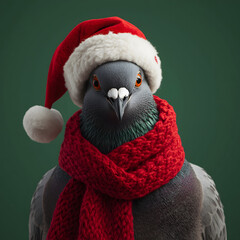 A pigeon wearing a red santa hat and scarf in a festive christmas portrait