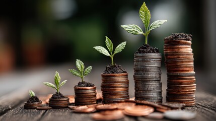 Stacked Coins with Growing Sprout A Unique Mix of Investment and Nature, Ideal for Creative Campaigns Inspiring Harmony and Progress.