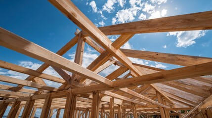 Premium photo of building a wooden pine roof frame under a clear blue sky.