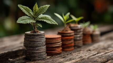 Vibrant Stack of Coins with Growing Plants Concept of Prosperity and Regrowth Ideal for Inspiring Campaigns, Perfect for Branding and Promotions.