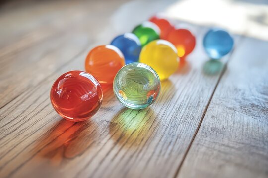 Row of colorful glass marbles on a wooden table