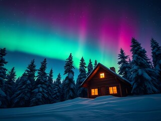 Photorealistic arctic night scene of wooden cabin under aurora borealis.