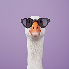 Funny white goose wearing heart shaped sunglasses against a solid purple background