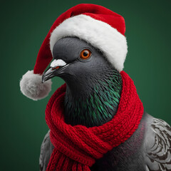 Festive pigeon wearing a red santa hat and scarf against a green background