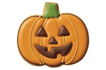 A decorated Halloween pumpkin-shaped cookie with a smiling face. background removed