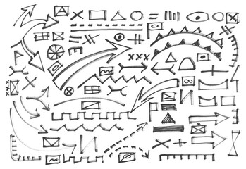 Obraz premium Military map symbols, hand draw army tactical plan, professional graph template stencil with military marking signs, black marker isolated on white background, clipping path 