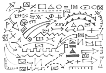 Military map symbols, hand draw army tactical plan, professional graph template stencil with military marking signs, black marker isolated on white background, clipping path 