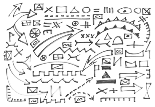 Military map symbols, hand draw army tactical plan, professional graph template stencil with military marking signs, black marker isolated on white background, clipping path 