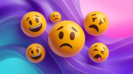 3D emoticons showing mixed emotions on vibrant abstract background