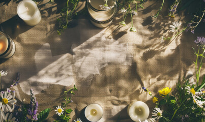 Candles and wildflowers on rustic fabric