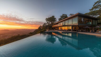 Fototapeta premium Infinity pool reflecting sunset at luxury villa overlooking mountain landscape
