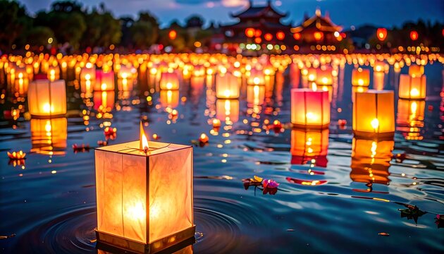 Illuminated paper lanterns float gracefully on a dark lake under a dusky sky, with temple structures visible in the background