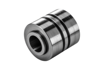 A close-up of a cylindrical metal part with a central hole and two circumferential grooves. background removed