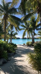 Fototapeta premium Tranquil tropical walkway leads to a turquoise lagoon, shaded by lush palm trees.