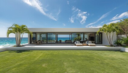 Modern beachfront villa with ocean view and lush green lawn on a sunny day