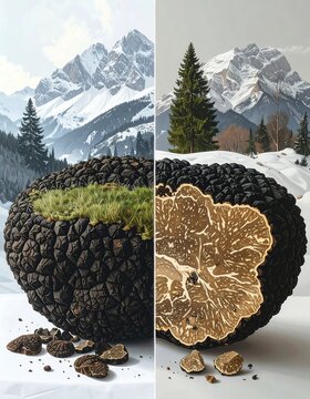 A black truffle, whole and sliced, displayed against a snowy mountain backdrop