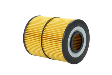 A cylindrical yellow oil filter with black end caps, isolated on a transparent background. background removed