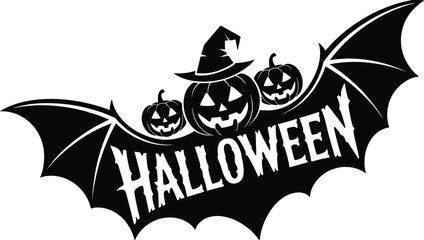 Halloween design with jack-o'-lanterns, witch hat, bat wings, and spooky text &ndash; vector art for spooky decoration