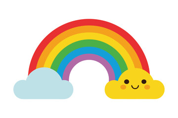 Cute colorful rainbow with smiling cloud characters on both ends illustration