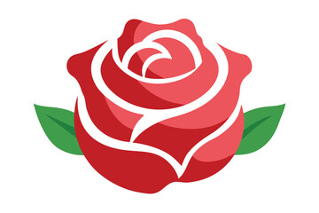 Stylized Red Rose Blossom with Green Leaves on a White Background
