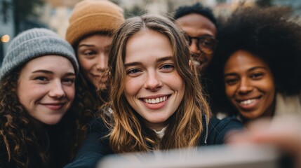 happy millennial friends from diverse cultures and races having fun in front of smartphone camera  main focus on left girl face no logos no brands ar 169