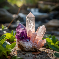 A cluster of crystals, including amethyst, rose quartz, and transparent clear quartz, is arranged in a natural outdoor setting surrounded by green foliage and a stream or waterfall. The warm sunlight 