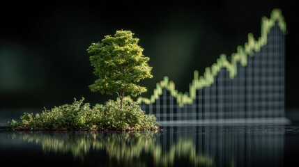 Renewable energy growth over city skyline with wind turbines and a green graph depicting global economic growth and financial investment
