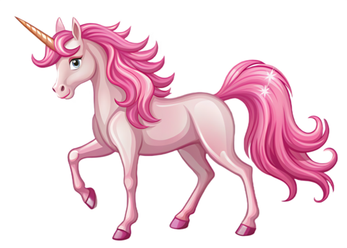 Pink unicorn with flowing mane and tail isolated on a transparent background