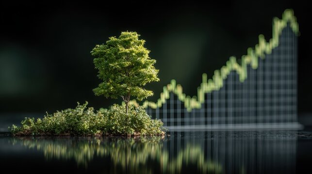 Renewable energy growth over city skyline with wind turbines and a green graph depicting global economic growth and financial investment - Powered by Adobe