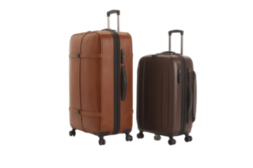 Two stylish suitcases, one brown leather and one dark brown plastic, ready for travel. background removed