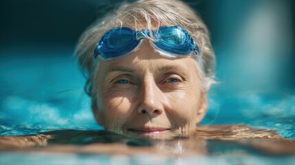 Fototapeta premium mature woman wearing swim goggles at swimming pool fit active senior woman enjoying retirement in swimming pool and looking at camera happy senior healthy old woman enjoying active lifestyle no logo