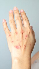 Hand with multiple red, raised skin lesions