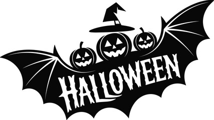 Halloween vector illustration with flying bat, three carved pumpkins, witch hat, spooky text, perfect for festive Halloween designs.