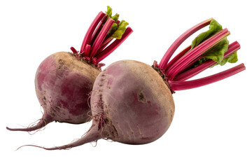 Two fresh beets with vibrant red stems and earthy roots, isolated on a transparent background. background removed