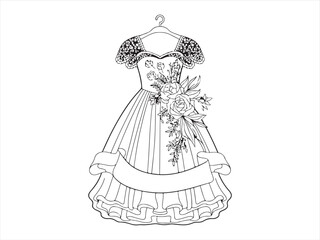 Fototapeta premium Elegant dress coloring page illustration with lace sleeves, floral bouquet, and ribbon banner, black and white fashion line art drawing for kids activity, printable clothing and wedding coloring sheet