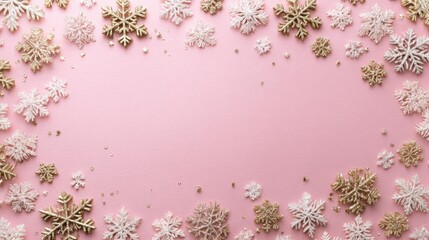 merry christmas background concept winter holidays and happy new year card white gold wooden decorations frame border on pink pastel powdery table flat lay copy space top close up view above no logos