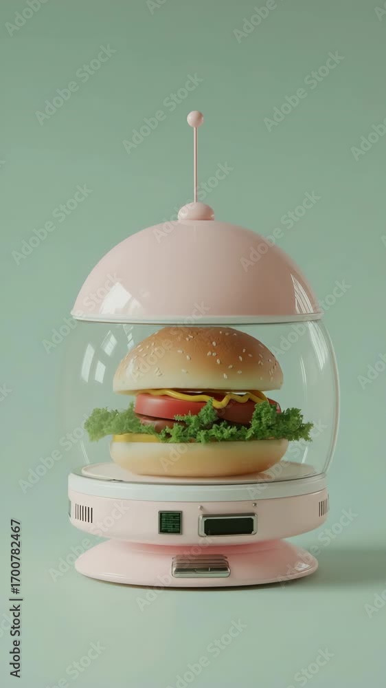 Poster a pink robot is holding a hamburger and a hot dog in a glass container. the robot is designed to ser
