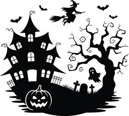 Haunted house Halloween scene with witch, ghost, pumpkin, bats, and graveyard in silhouette style – spooky night design