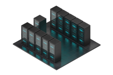 Isometric view of a modern data center with multiple servers, showcasing advanced technology and efficient data storage. background removed