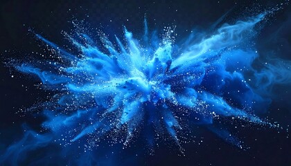 A vibrant explosion of brilliant blue powder against a dark backdrop, showcasing dynamic motion and color.
