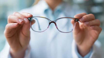 health care people eyesight and vision concept  close up of optician hands holding glasses at optics store no logos no brands ar 169