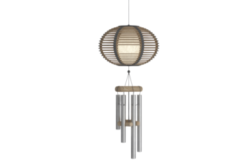 Elegant hanging wind chime with a spherical wooden top and metallic tubes. background removed