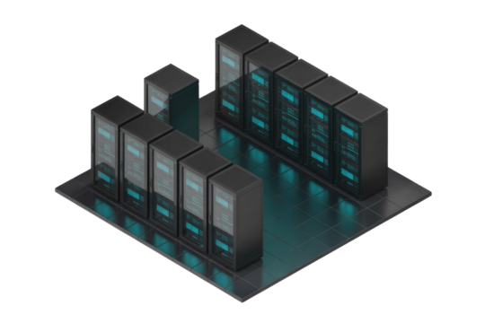 Isometric view of a modern data center with multiple servers, showcasing advanced technology and efficient data storage. background removed - Powered by Adobe