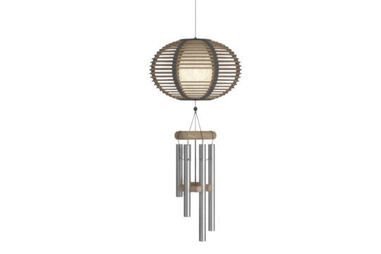 Elegant hanging wind chime with a spherical wooden top and metallic tubes. background removed