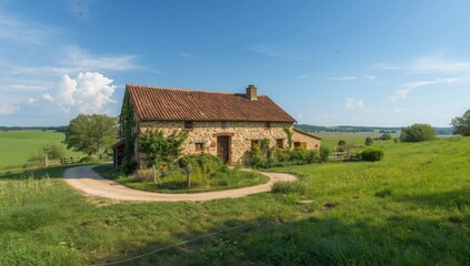 Charming stone farmhouse nestled in a lush green landscape under a clear blue sky