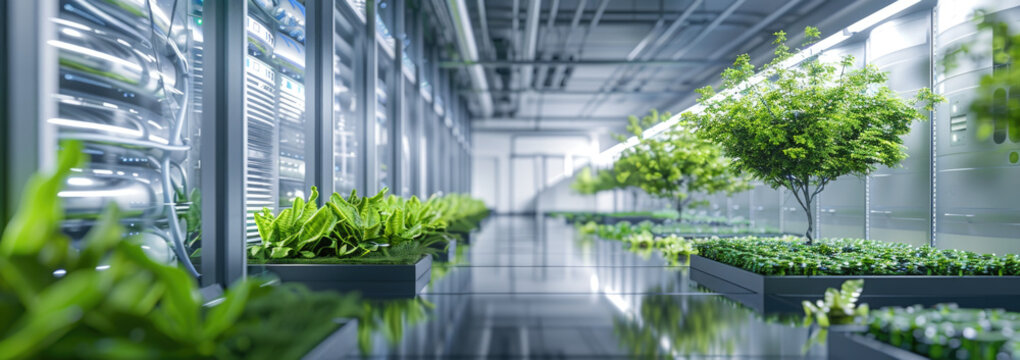 Modern big data storage and cloud computing computer service business concept in greenery eco energy.