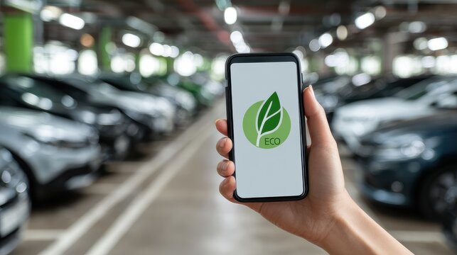 transport business trip ecology technology and people concept  close up of man showing smartphone eco mode icon on screen on car parking no logos no brands ar 169